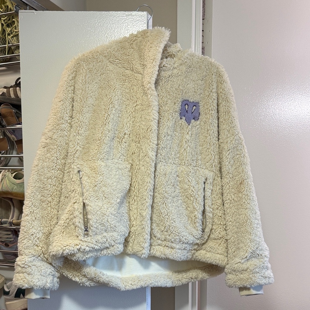 Maje Cream Teddy Sherpa Jacket with Purple Heart Accent